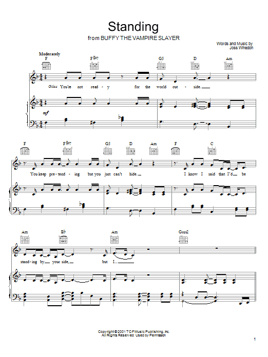 Joss Whedon Standing sheet music notes and chords arranged for Piano, Vocal & Guitar Chords (Right-Hand Melody)