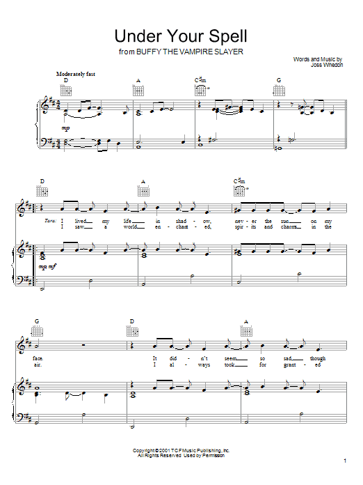 Joss Whedon Under Your Spell sheet music notes and chords arranged for Piano, Vocal & Guitar Chords (Right-Hand Melody)
