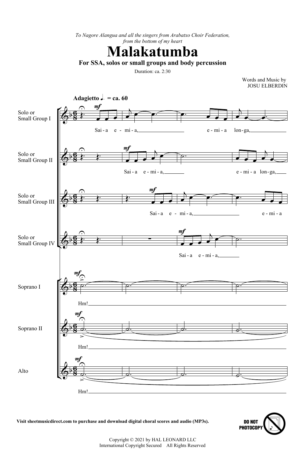 Josu Elberdin Malakatumba sheet music notes and chords arranged for SSA Choir