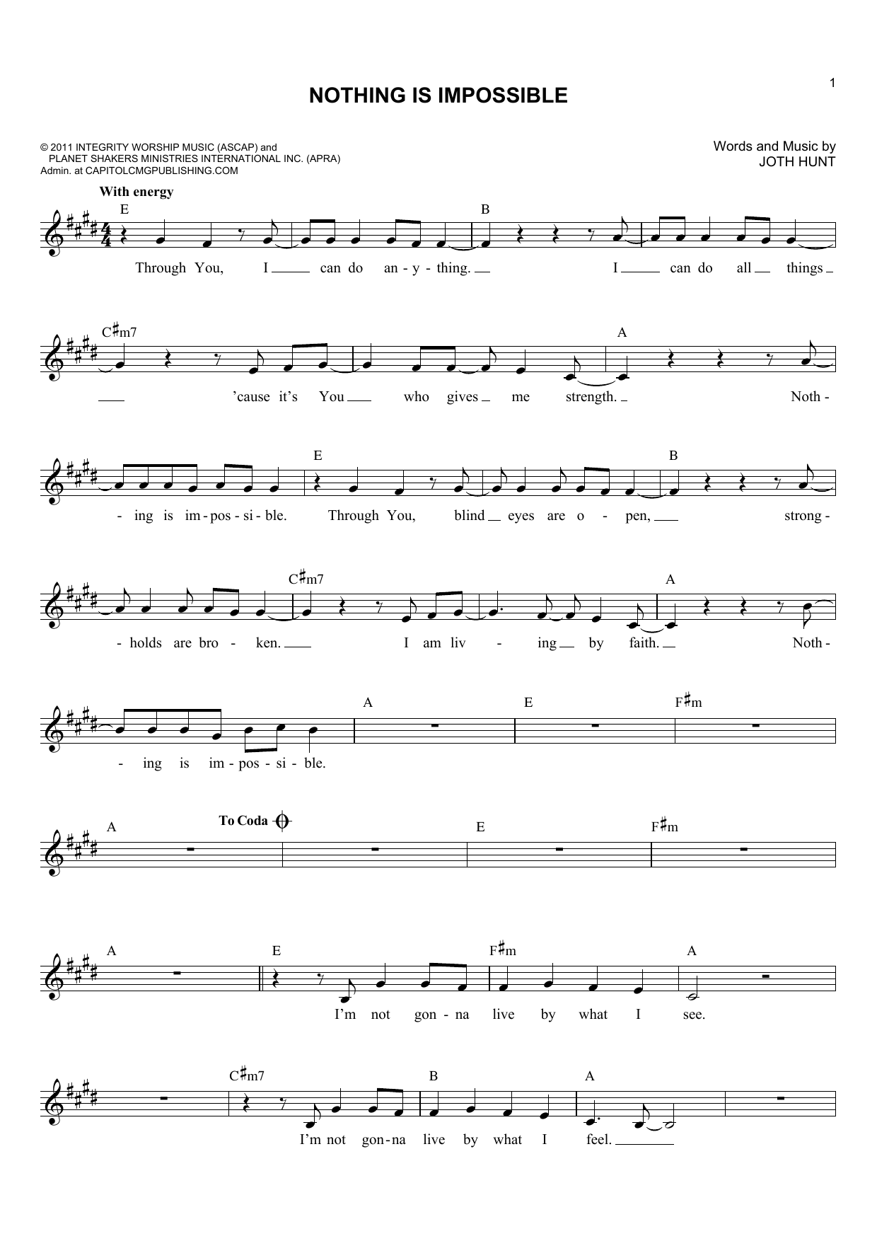 Joth Hunt Nothing Is Impossible sheet music notes and chords arranged for Lead Sheet / Fake Book