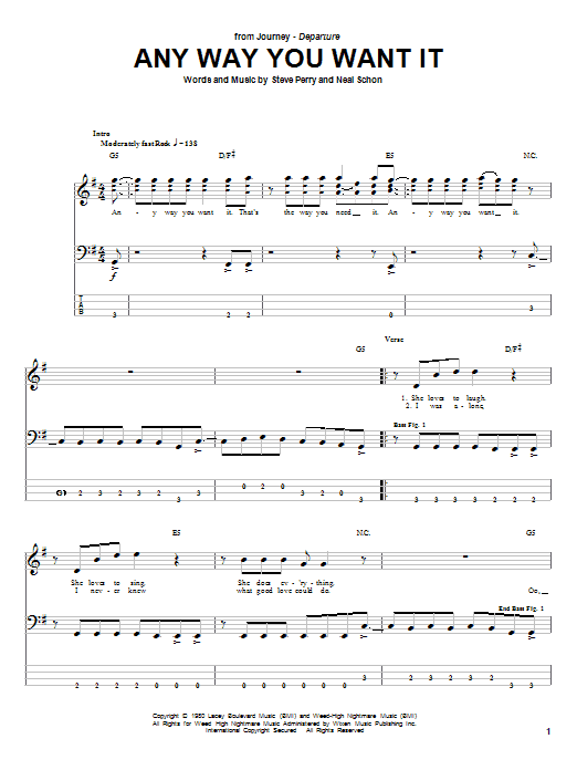 Journey Any Way You Want It sheet music notes and chords arranged for Bass Guitar Tab