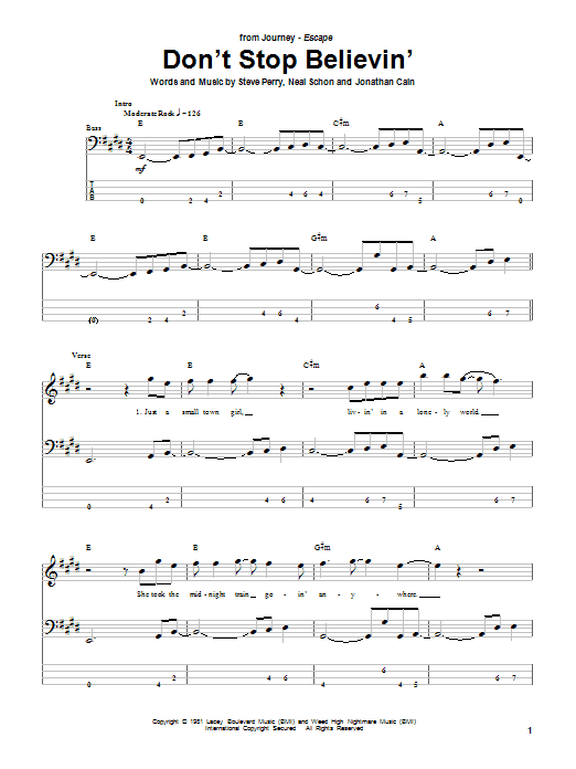 Journey Don't Stop Believin' sheet music notes and chords arranged for Easy Guitar Tab