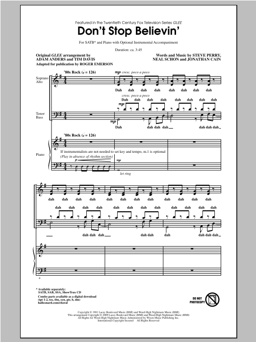 Journey Don't Stop Believin' (arr. Roger Emerson) sheet music notes and chords arranged for SATB Choir