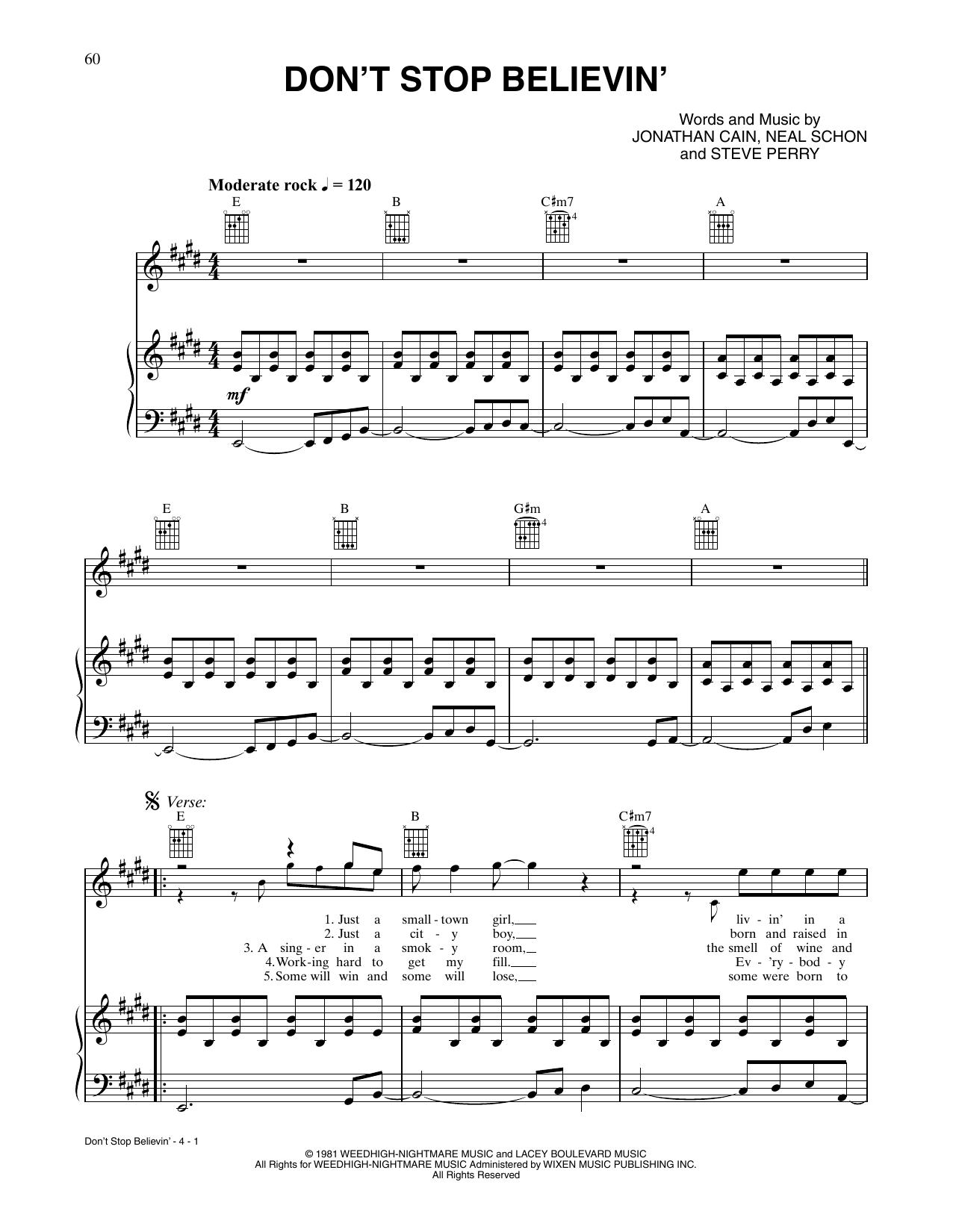 Journey Don't Stop Believin' (from Rock of Ages) sheet music notes and chords arranged for Piano, Vocal & Guitar Chords (Right-Hand Melody)