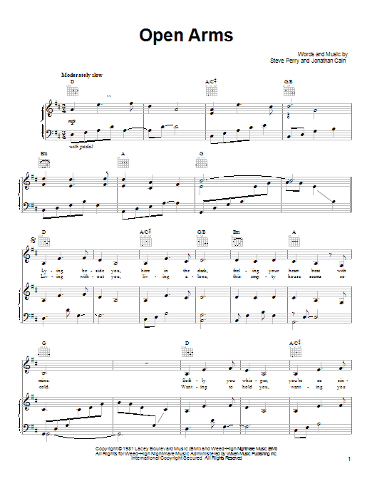 Journey Open Arms sheet music notes and chords arranged for Piano, Vocal & Guitar Chords (Right-Hand Melody)
