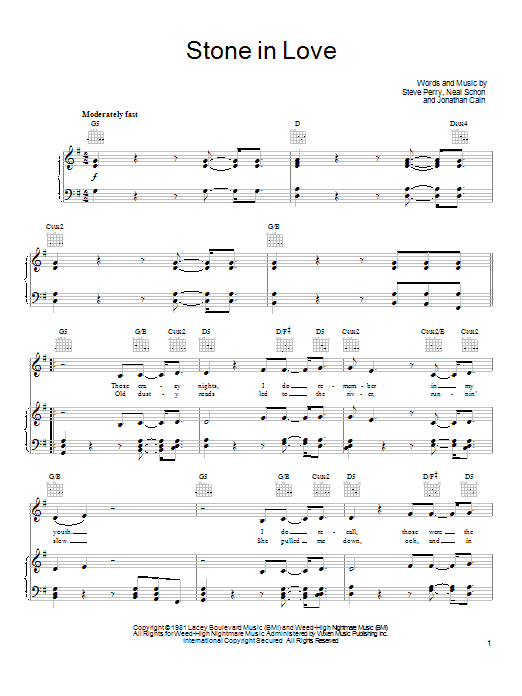 Journey Stone In Love sheet music notes and chords arranged for Piano, Vocal & Guitar Chords (Right-Hand Melody)