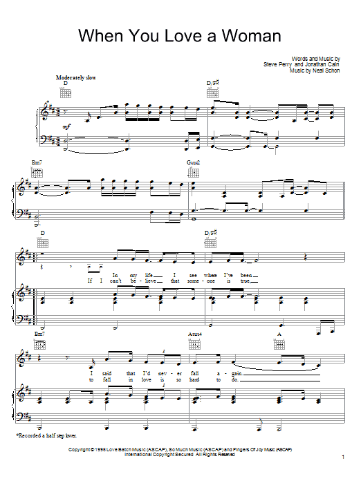Journey When You Love A Woman sheet music notes and chords arranged for Piano, Vocal & Guitar Chords (Right-Hand Melody)