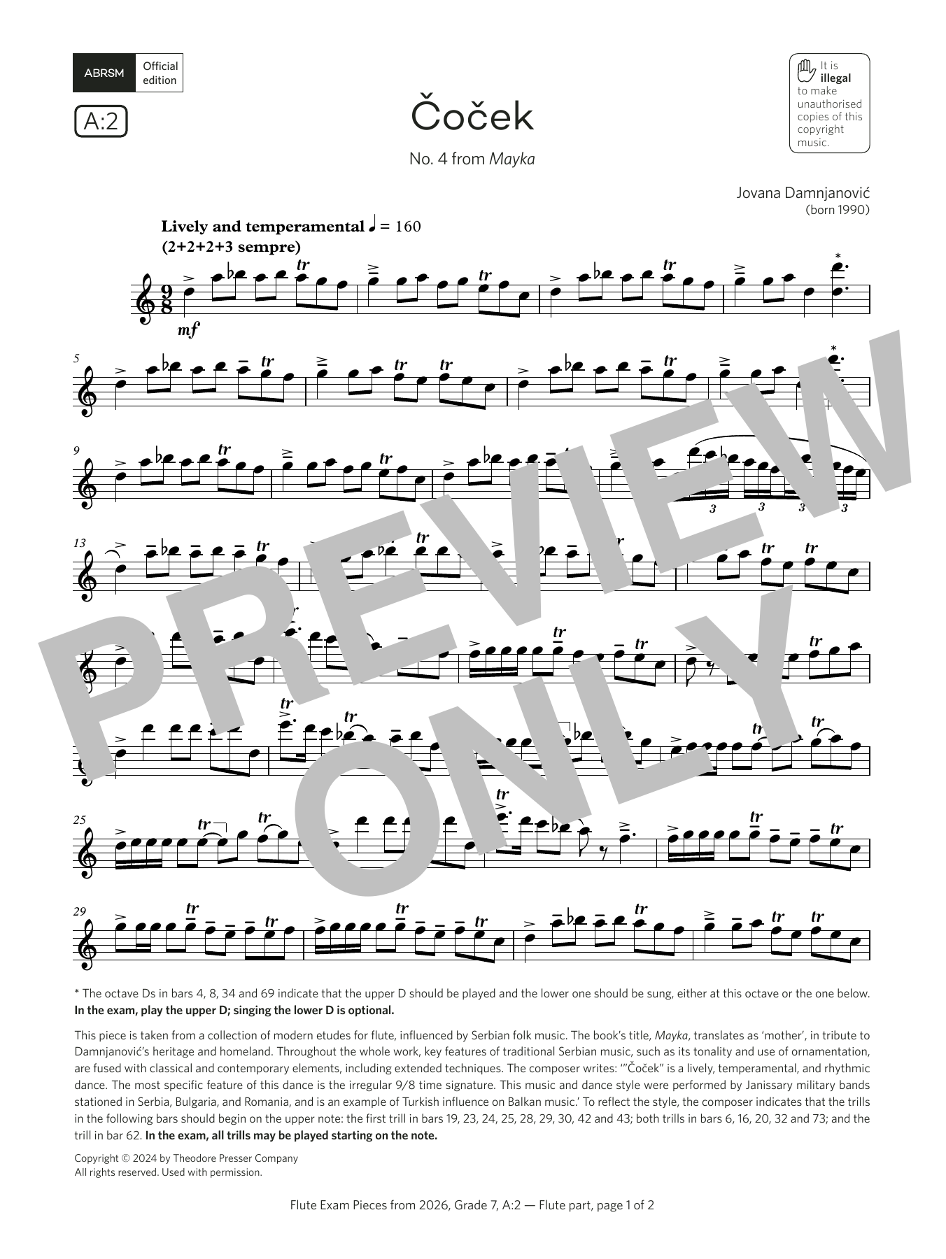 Jovana Damnjanovic Čoček (Grade 7, list A2, from the ABRSM Flute Syllabus from 2026) sheet music notes and chords arranged for Flute Solo