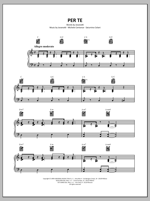 Jovanotti Per Te sheet music notes and chords arranged for Piano, Vocal & Guitar Chords (Right-Hand Melody)