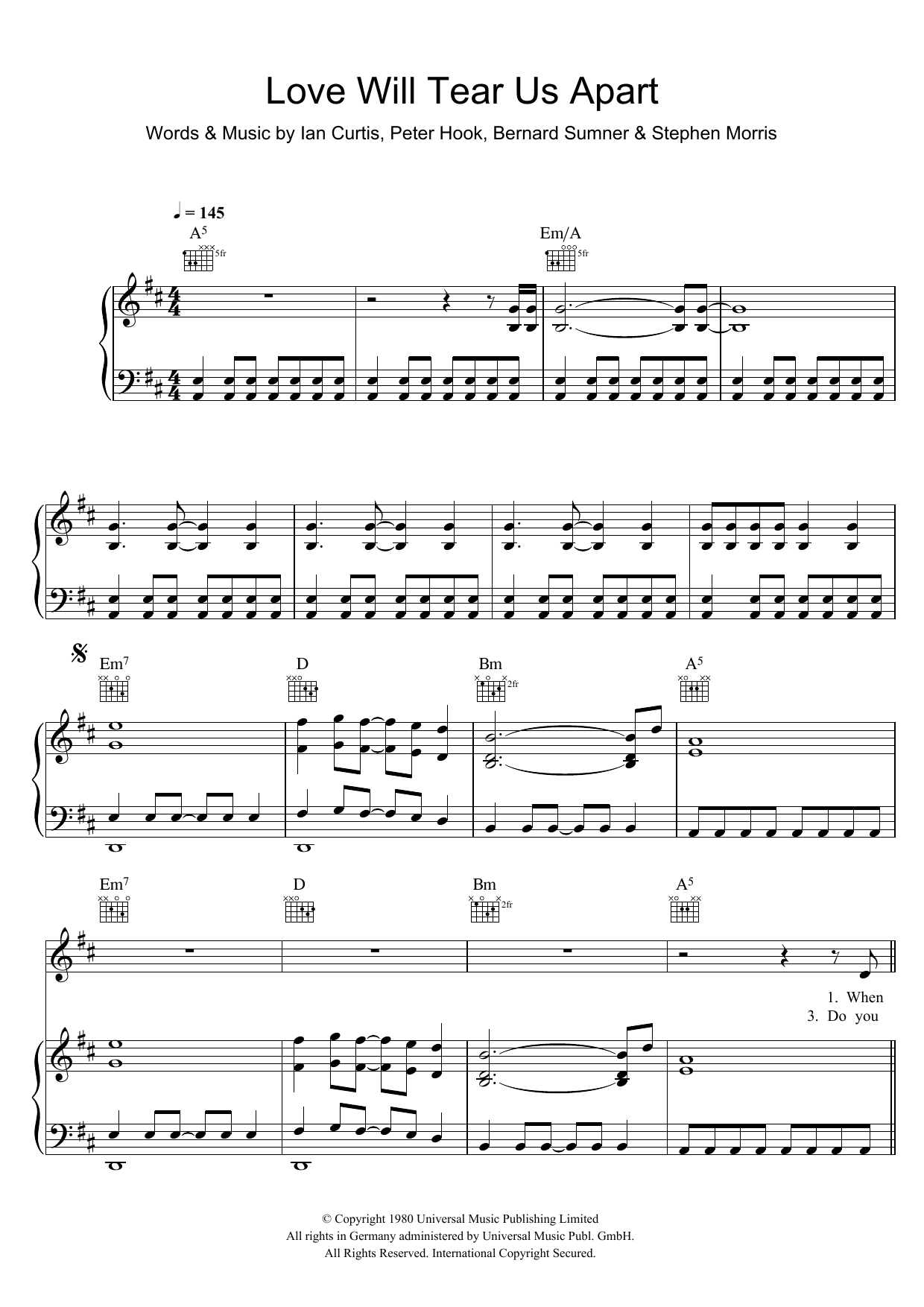 Joy Division Love Will Tear Us Apart sheet music notes and chords arranged for Piano, Vocal & Guitar Chords