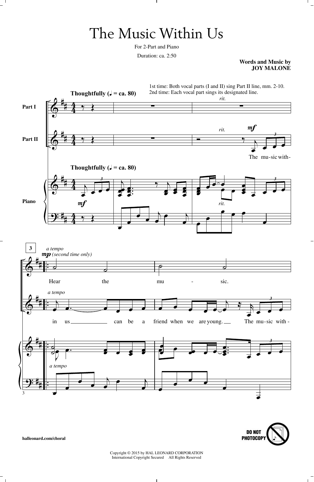 Joy Malone The Music Within Us sheet music notes and chords arranged for 2-Part Choir