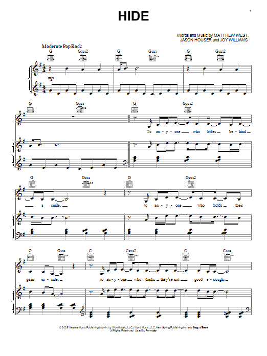 Joy Williams Hide sheet music notes and chords arranged for Piano, Vocal & Guitar Chords (Right-Hand Melody)