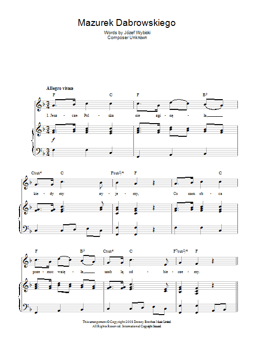 Jozef Wybicki Mazurek Dabrowskiego (Polish National Anthem) sheet music notes and chords arranged for Piano, Vocal & Guitar Chords
