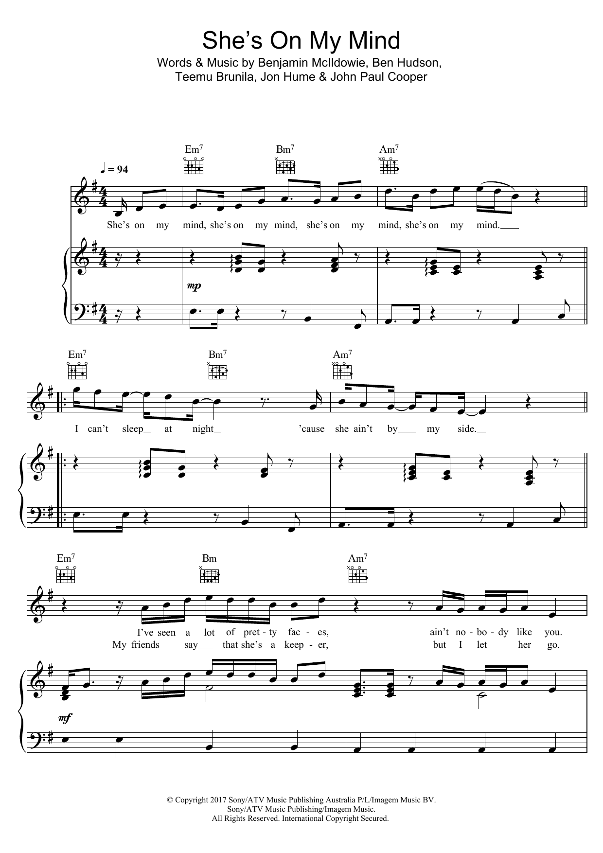 JP Cooper She's On My Mind sheet music notes and chords arranged for Piano, Vocal & Guitar Chords