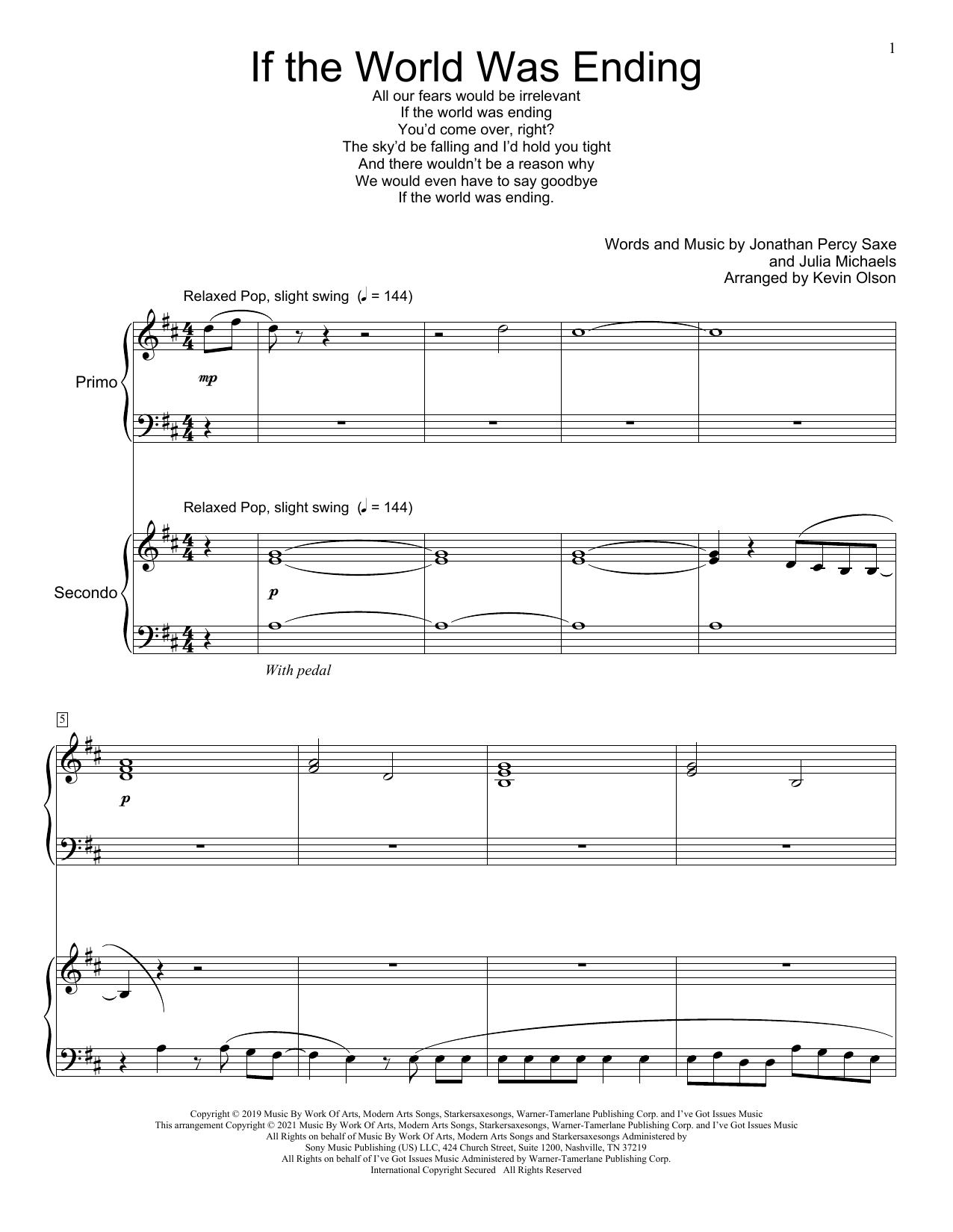 JP Saxe If The World Was Ending (feat. Julia Michaels) (arr. Kevin Olson) sheet music notes and chords arranged for Piano Duet