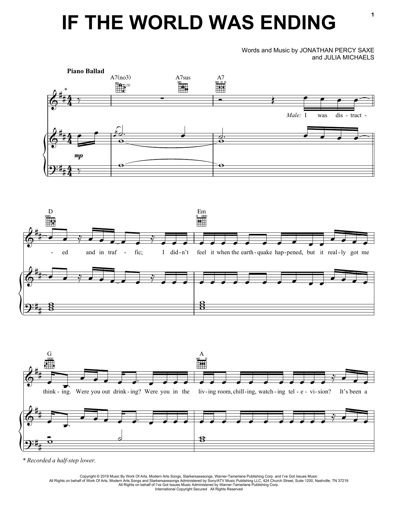 JP Saxe If The World Was Ending (feat. Julia Michaels) sheet music notes and chords arranged for Piano, Vocal & Guitar Chords (Right-Hand Melody)