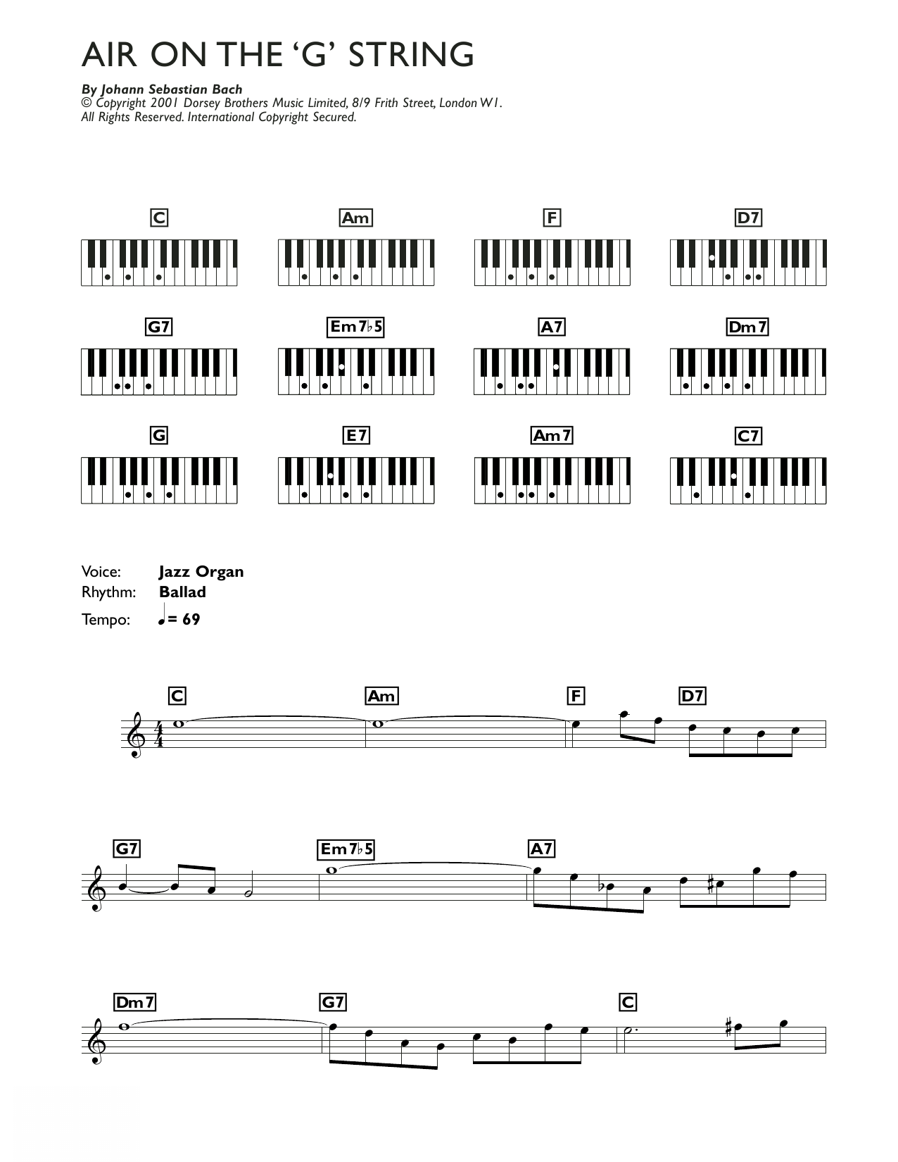 J.S. Bach Air On The G String (from Suite No.3 in D Major) sheet music notes and chords arranged for Piano Chords/Lyrics
