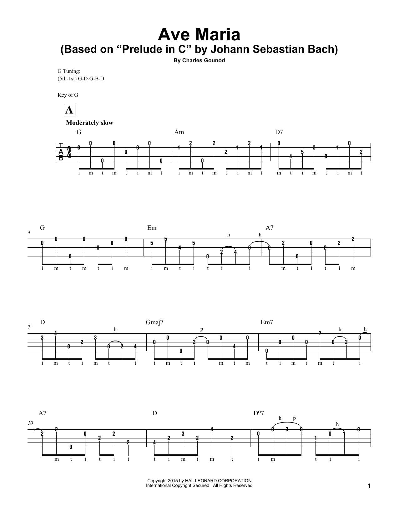 J.S. Bach Ave Maria sheet music notes and chords arranged for Banjo Tab