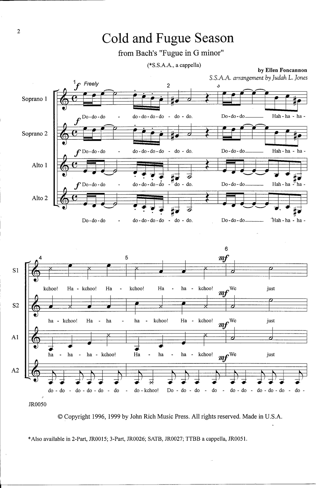J.S. Bach Cold and Fugue Season (arr. Ellen Foncannon) sheet music notes and chords arranged for SSAA Choir