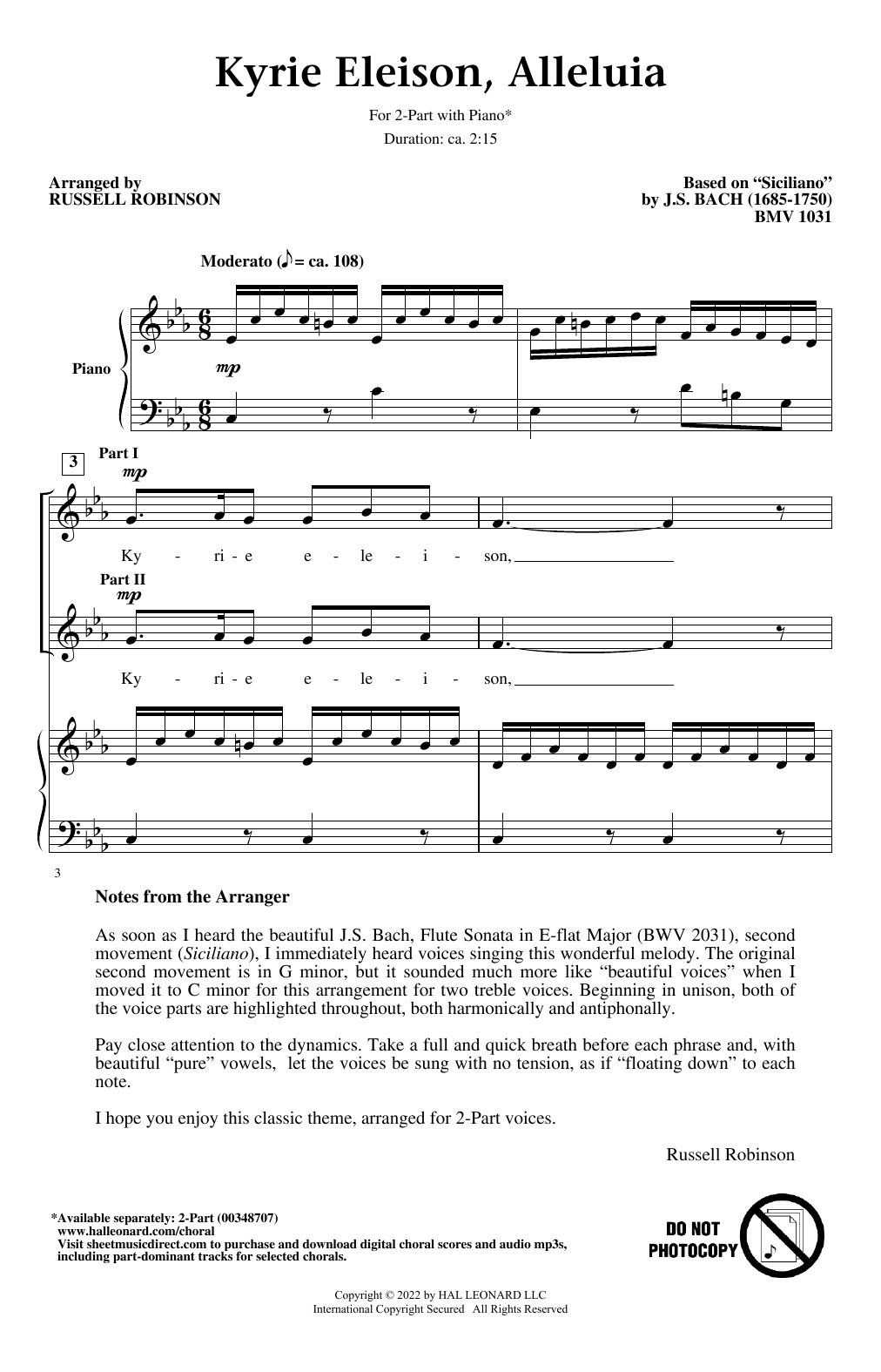 J.S. Bach Kyrie Eleison, Alleluia (arr. Russell Robinson) sheet music notes and chords arranged for 2-Part Choir