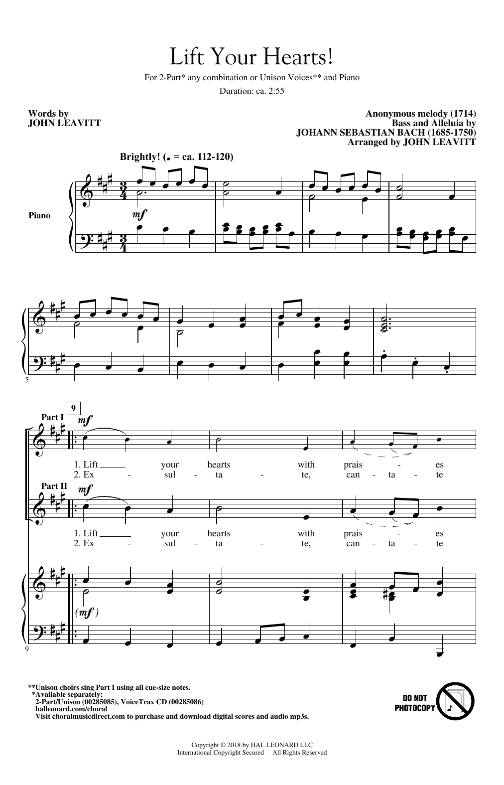 J.S. Bach Lift Your Hearts! (arr. John Leavitt) sheet music notes and chords arranged for 2-Part Choir