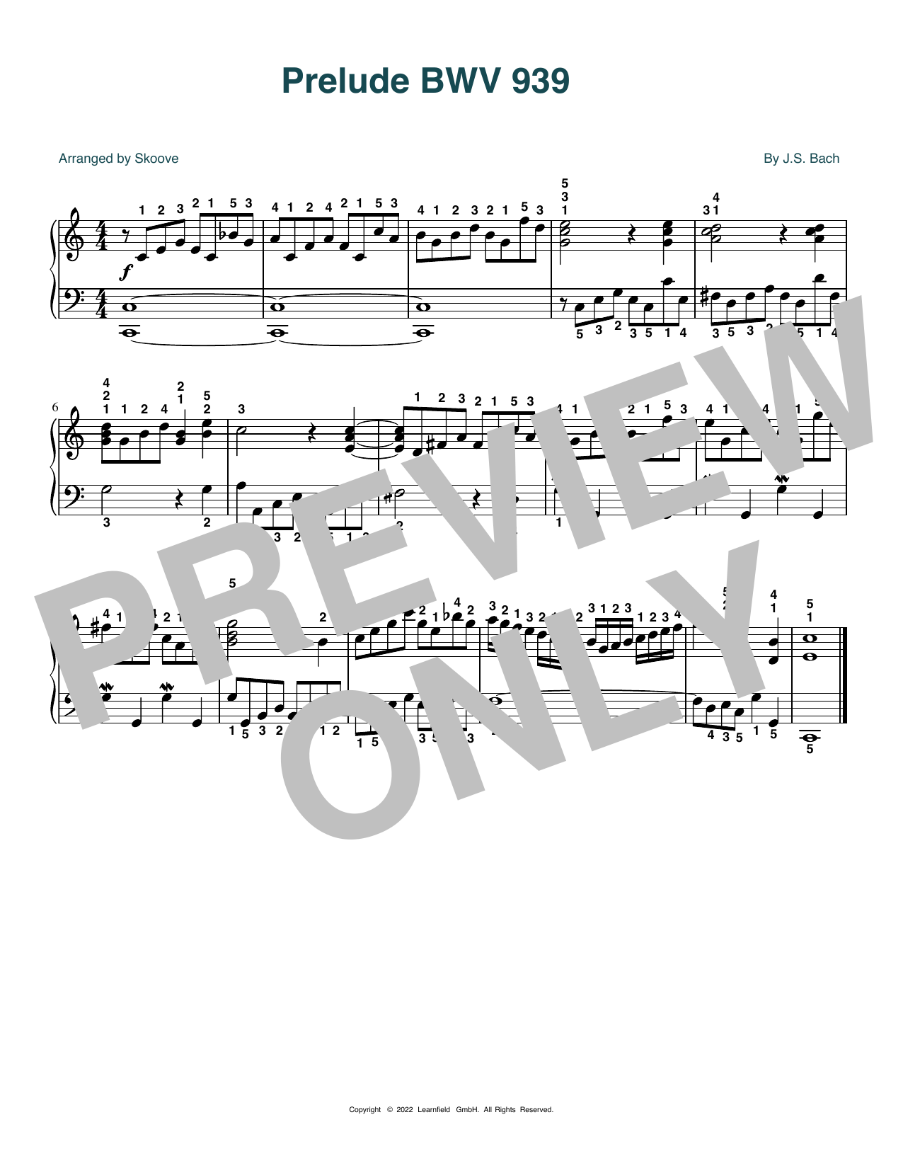J.S. Bach Prelude BWV 939 (arr. Skoove) sheet music notes and chords arranged for Piano Solo