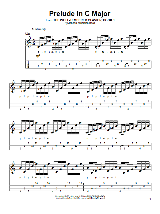 J.S. Bach Prelude in C Major sheet music notes and chords arranged for Ukulele