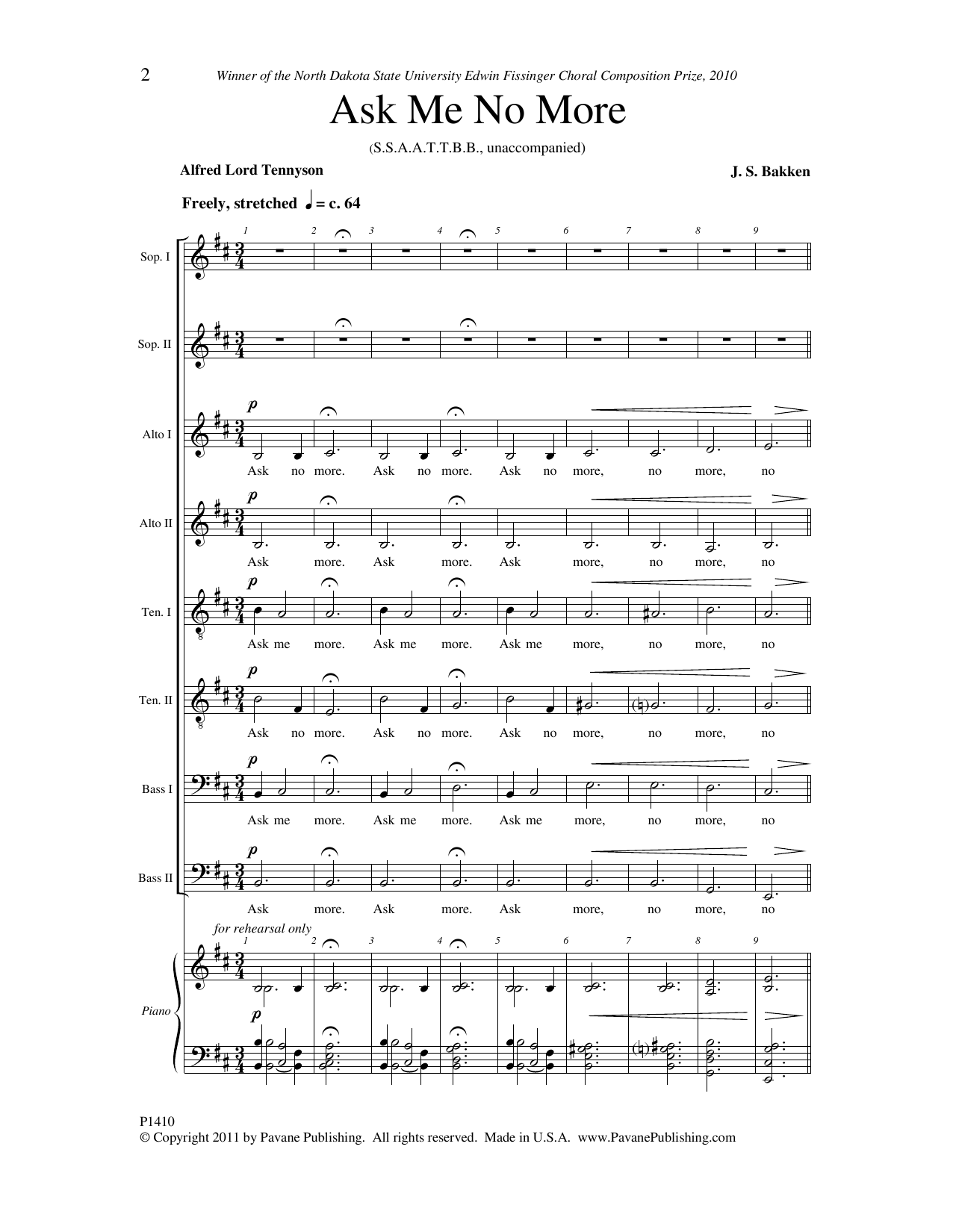 J.S. Bakken Ask Me No More sheet music notes and chords arranged for SSAATTBB Choir