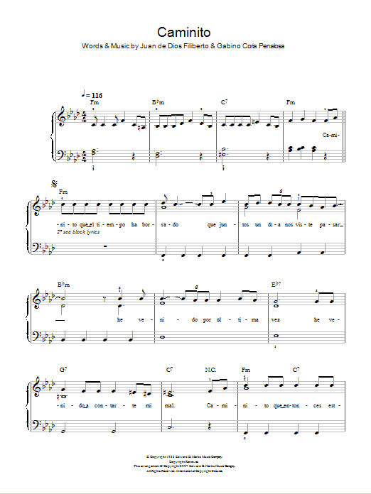 Juan de Dios Filiberto Caminito (The Little Lane) sheet music notes and chords arranged for Easy Piano
