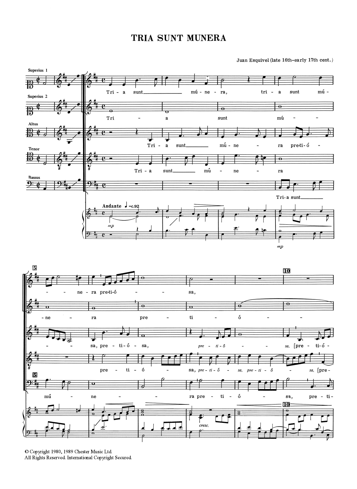 Juan Esquivel Tria Sunt Munera sheet music notes and chords arranged for SATB Choir