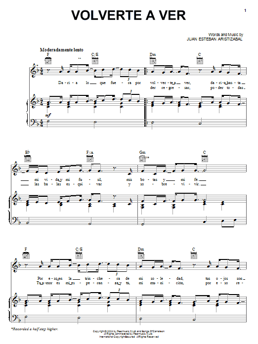 Juan Esteban Aristizabal Volverte A Ver sheet music notes and chords arranged for Piano, Vocal & Guitar Chords (Right-Hand Melody)