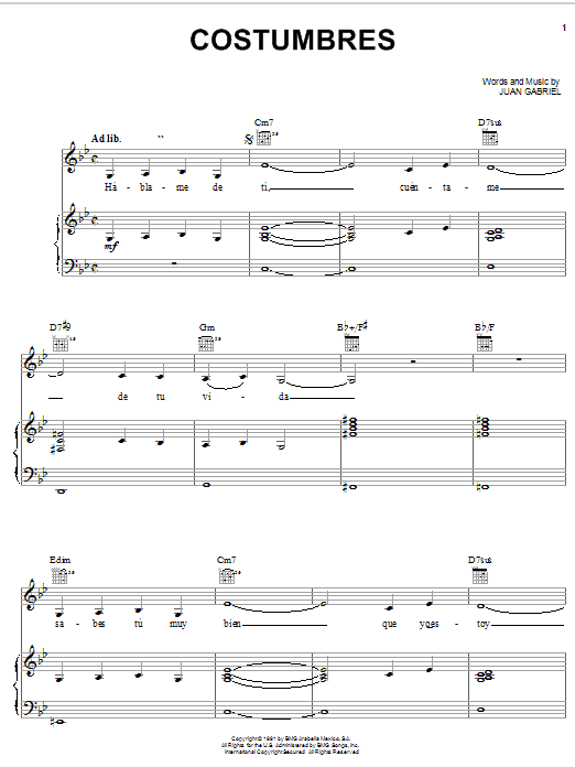 Juan Gabriel Costumbres sheet music notes and chords arranged for Real Book – Melody & Chords