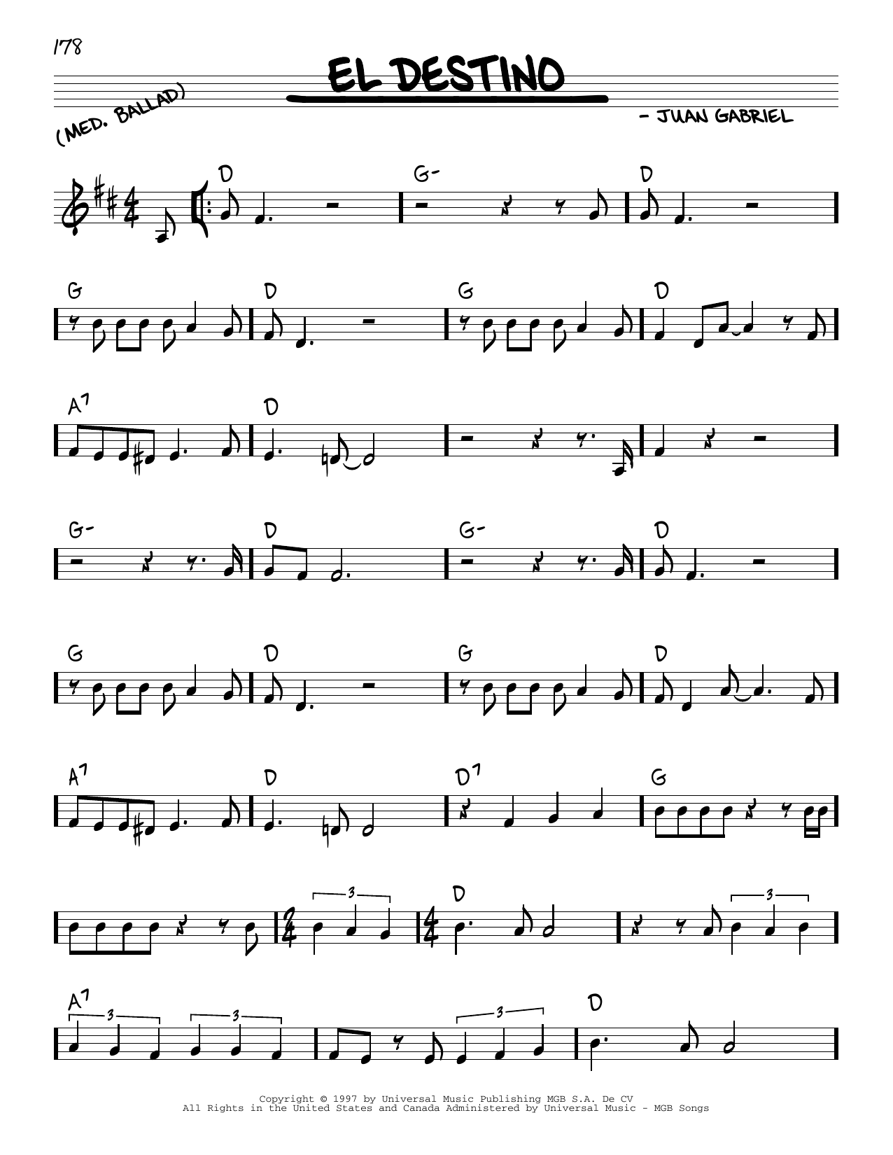 Juan Gabriel El Destino sheet music notes and chords arranged for Real Book – Melody & Chords