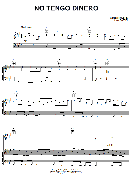 Juan Gabriel No Tengo Dinero sheet music notes and chords arranged for Piano, Vocal & Guitar Chords (Right-Hand Melody)