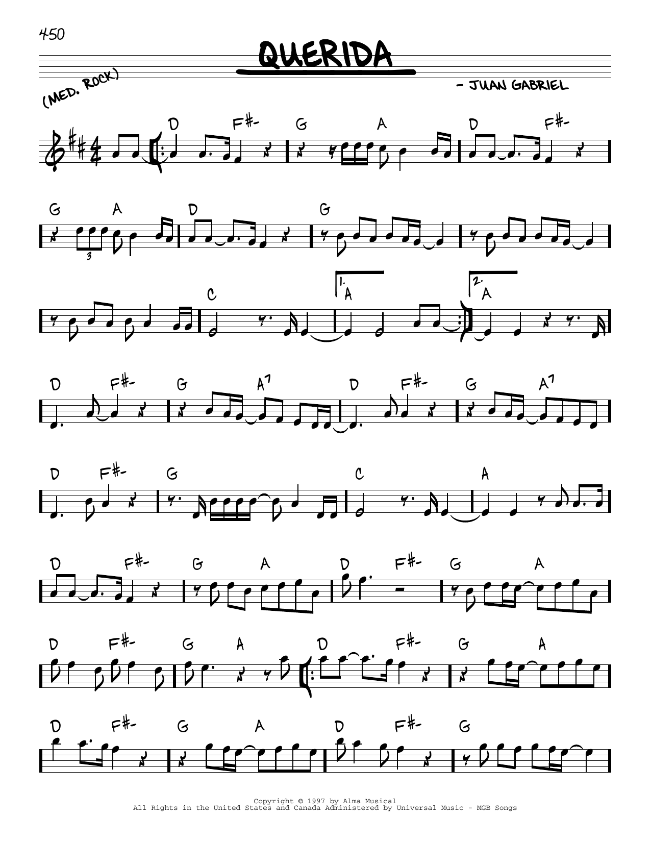 Juan Gabriel Querida sheet music notes and chords arranged for Real Book – Melody & Chords