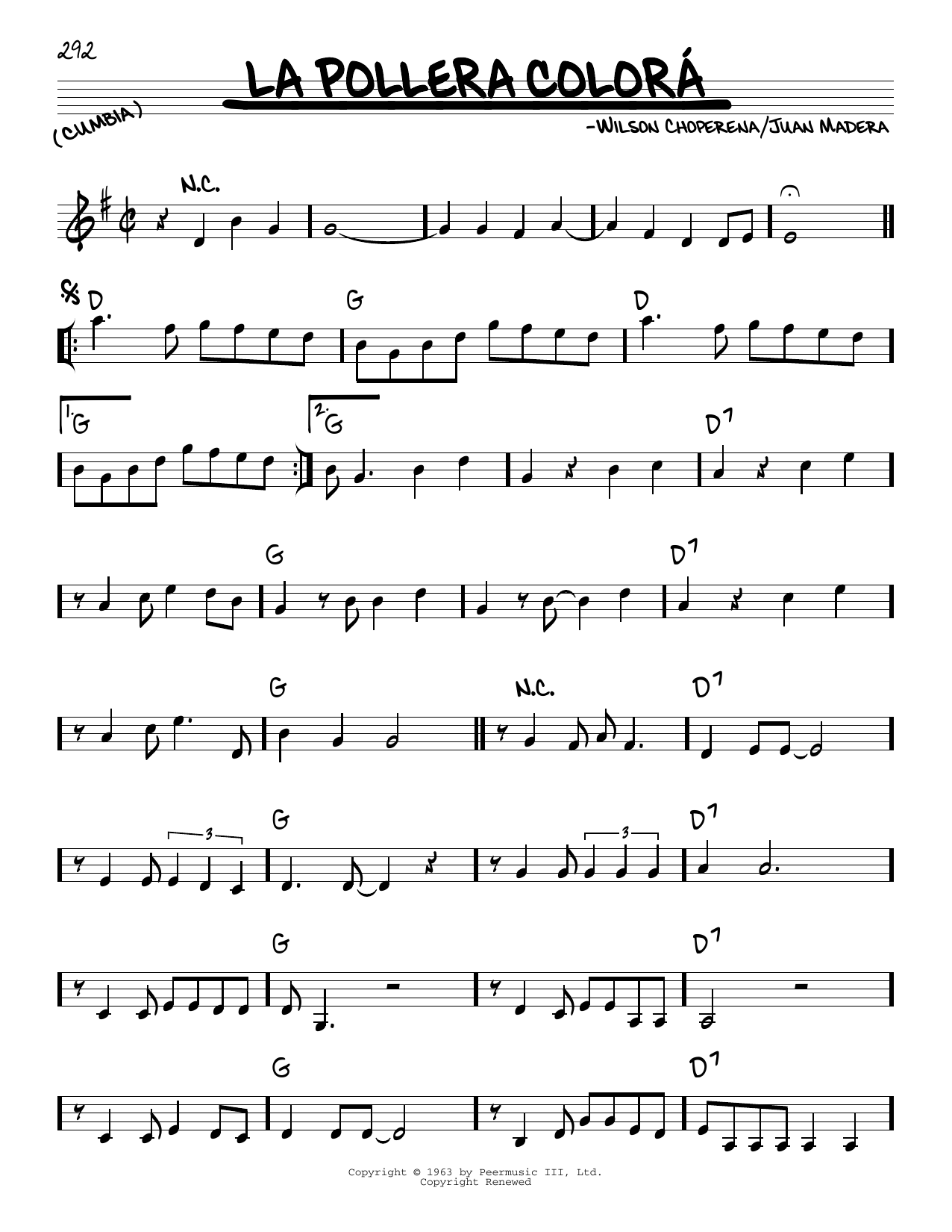 Juan Madera La Pollera Colorá sheet music notes and chords arranged for Real Book – Melody & Chords
