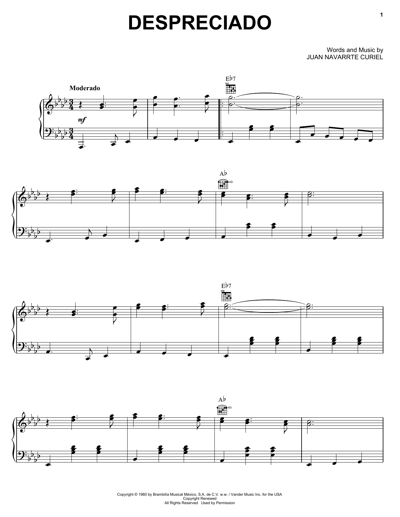 Juan Navarrte Curiel Despreciado sheet music notes and chords arranged for Piano, Vocal & Guitar Chords (Right-Hand Melody)