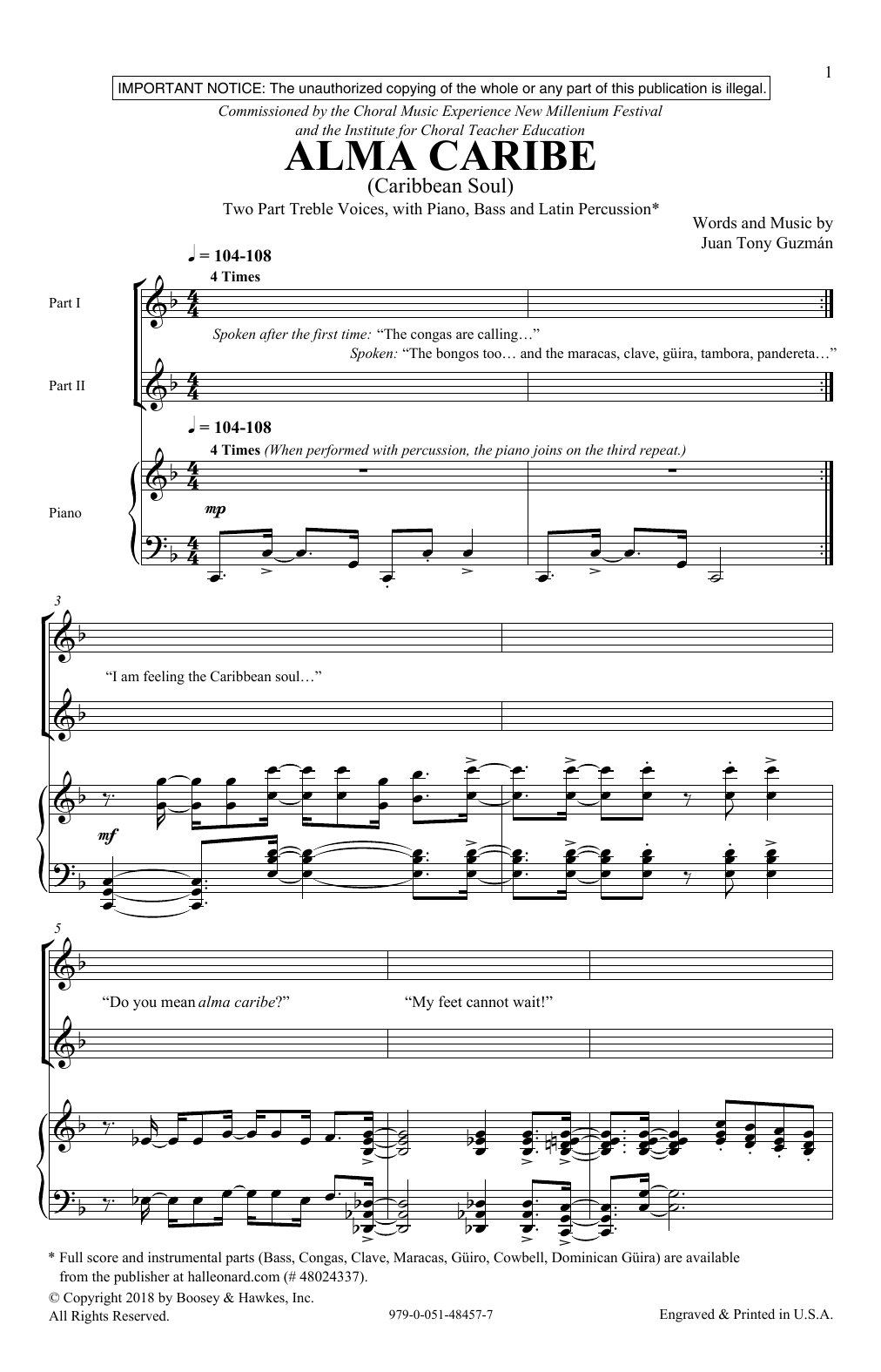 Juan Tony Guzman Alma Caribe (Caribbean Soul) sheet music notes and chords arranged for 2-Part Choir
