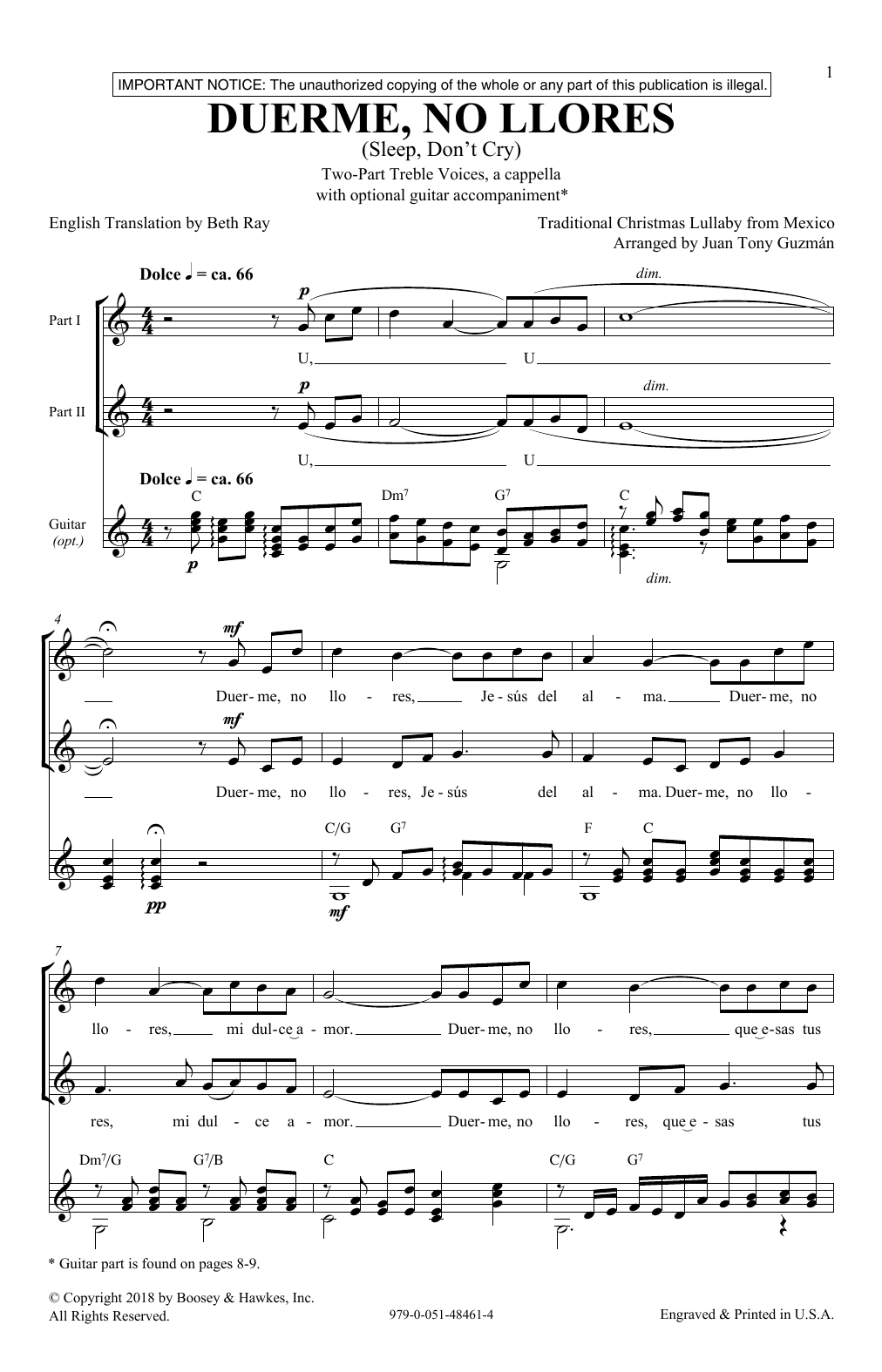 Juan-Tony Guzman Duerme, No Llores (Sleep, Don't Cry) sheet music notes and chords arranged for 2-Part Choir