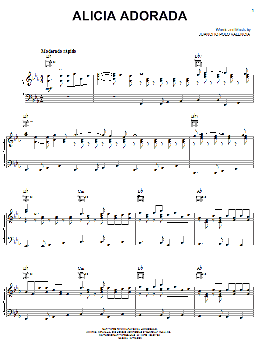 Juancho Polo Valencia Alicia Adorada sheet music notes and chords arranged for Piano, Vocal & Guitar Chords (Right-Hand Melody)