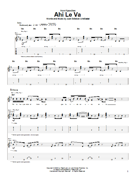 Juanes Ahi Le Va sheet music notes and chords arranged for Guitar Tab