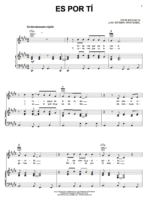 Juanes Es Por Ti sheet music notes and chords arranged for Piano, Vocal & Guitar Chords (Right-Hand Melody)