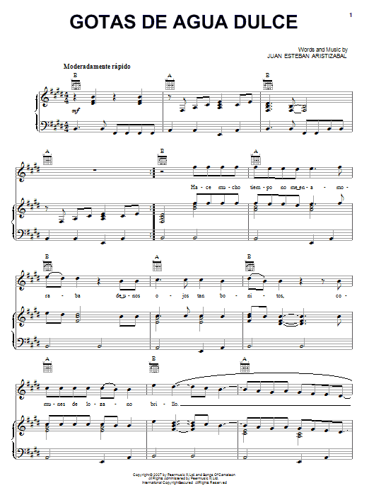 Juanes Gotas De Agua Dulce sheet music notes and chords arranged for Piano, Vocal & Guitar Chords (Right-Hand Melody)