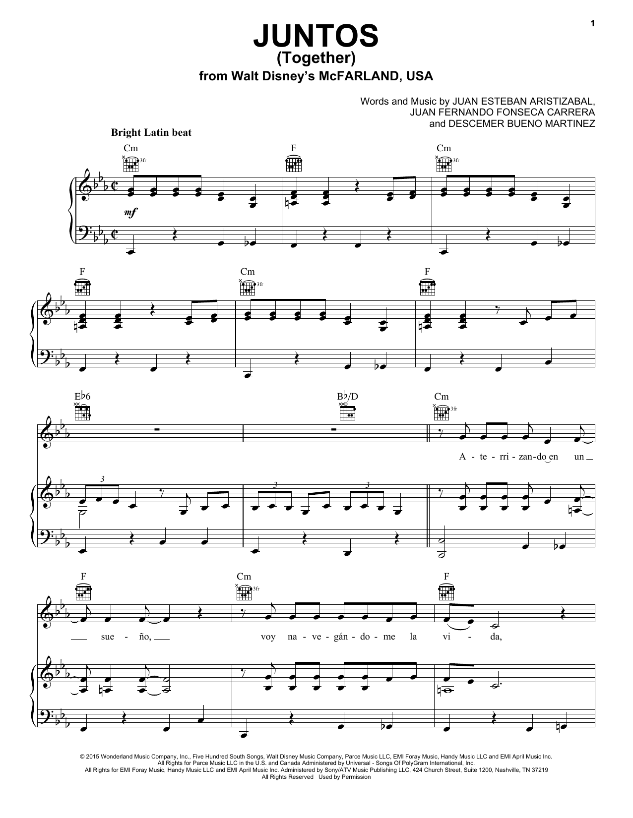 Juanes Juntos (Together) sheet music notes and chords arranged for Piano, Vocal & Guitar Chords (Right-Hand Melody)
