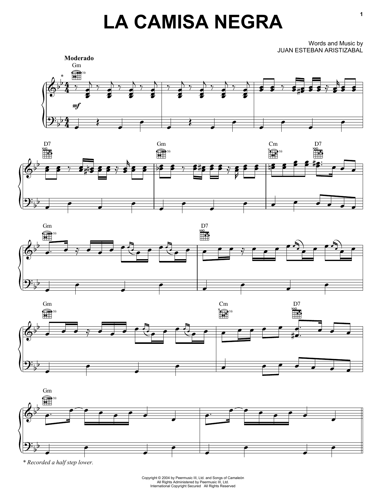 Juanes La Camisa Negra sheet music notes and chords arranged for Real Book – Melody & Chords