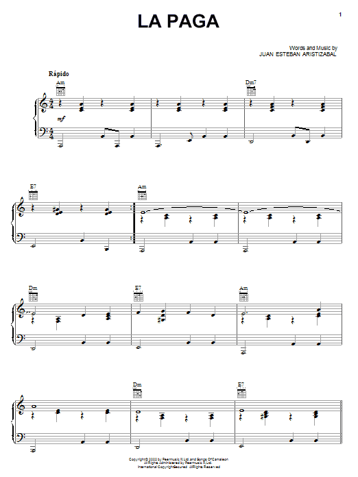 Juanes La Paga sheet music notes and chords arranged for Piano, Vocal & Guitar Chords (Right-Hand Melody)