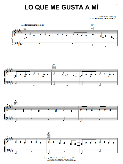 Juanes Lo Que Me Gusta A Mi sheet music notes and chords arranged for Piano, Vocal & Guitar Chords (Right-Hand Melody)