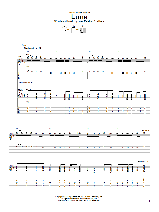 Juanes Luna sheet music notes and chords arranged for Guitar Tab