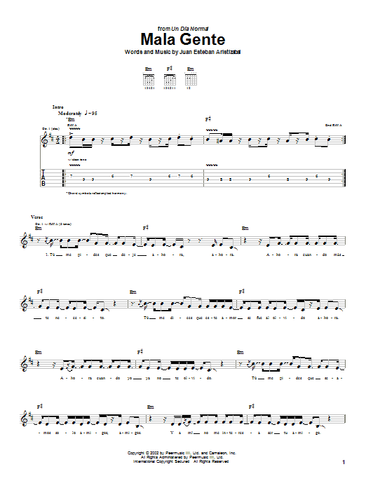 Juanes Mala Gente sheet music notes and chords arranged for Guitar Tab