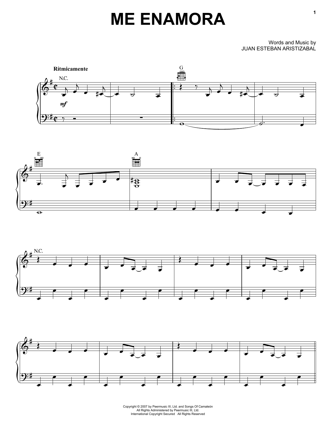 Juanes Me Enamora sheet music notes and chords arranged for Piano, Vocal & Guitar Chords (Right-Hand Melody)